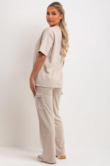 womens oversized t shirt and wide leg trousers with cargo pockets loungewear set