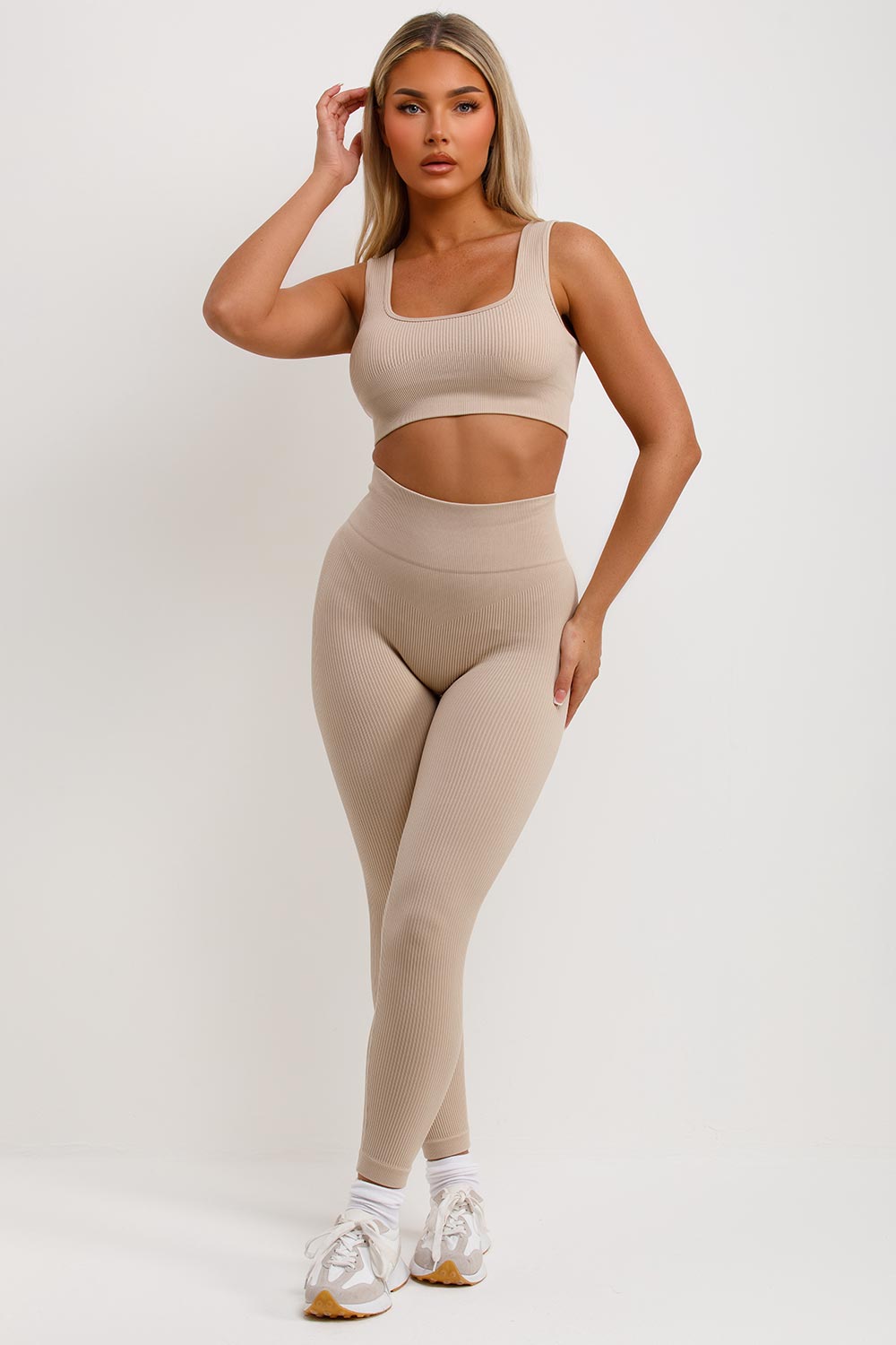 ribbed high waist leggings and crop top co ord set gym wear