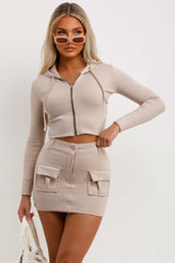 bandeau crop top cargo mini skirt and crop hoodie three piece outfit set summer festival holiday outfit