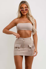cargo mini skirt bandeau crop top short hoodie three piece set grey summer festival holiday outfit