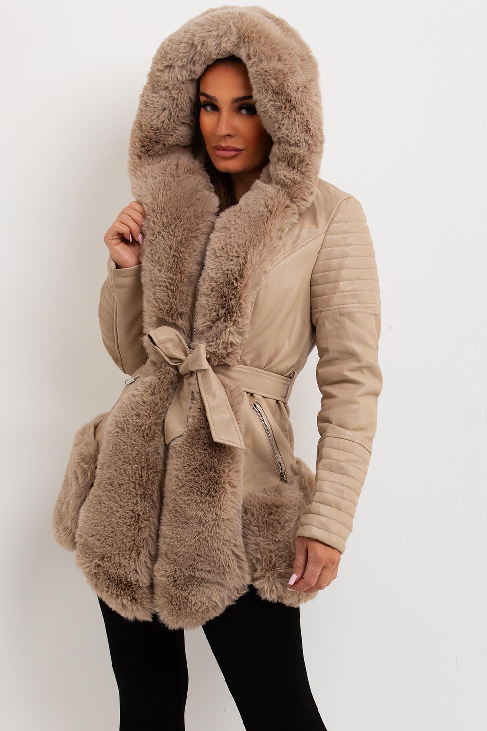 womens faux leather faux fur hooded jacket with belt
