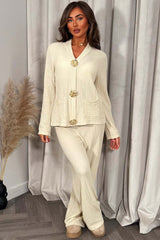 womens gold button long sleeve top and trousers two piece co ord set beige styledup fashion