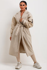 womens wool wrap long coat with ruched sleeves