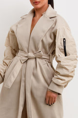 womens wrap coat with ruched gathered sleeves