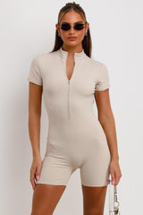 short sleeve playsuit unitard with zip front