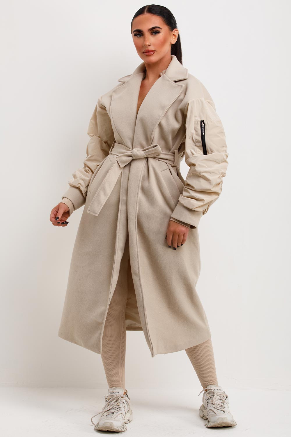 womens long wool wrap coat with belt and ruched sleeves