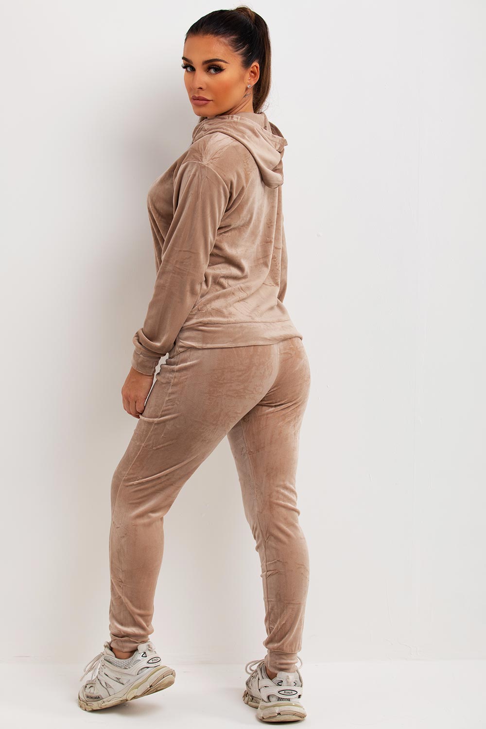 Women's Beige Velour Tracksuit Hooded Loungewear Co Ord – Styledup