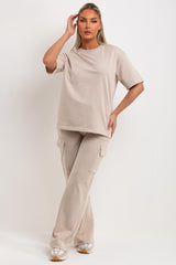 womens oversized beige t shirt and wide leg trousers with cargo pockets