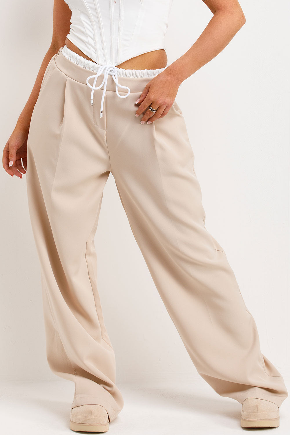 womens wide leg trousers with drawstring waist and boxer detail