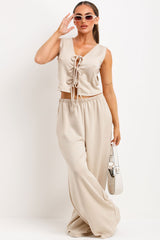 womens tie front waist coat and wide leg trousers two piece loungewear co ord set beige