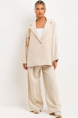 side stripe wide leg trousers and blazer two piece set beige