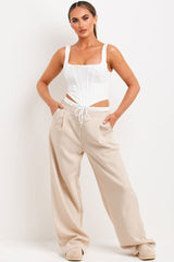 womens trousers with wide legs and contrast boxer detail trim