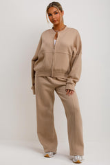 womens bomber sweatshirt with zip drop shoulder and straight leg joggers two piece loungewear ser 