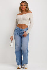 beige long sleeve off shoulder jumper