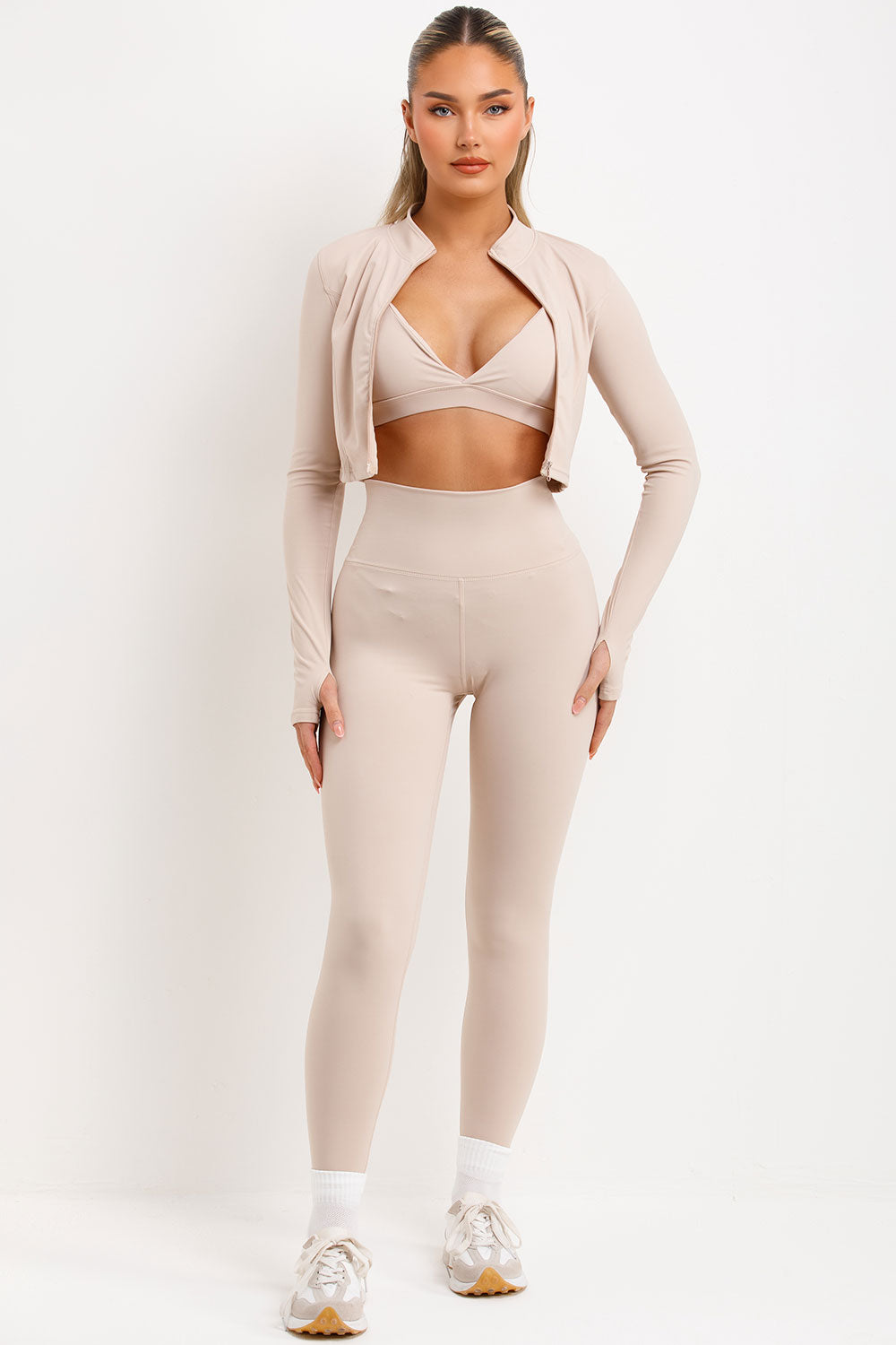 womens zip up jacket bralette and leggings three piece set