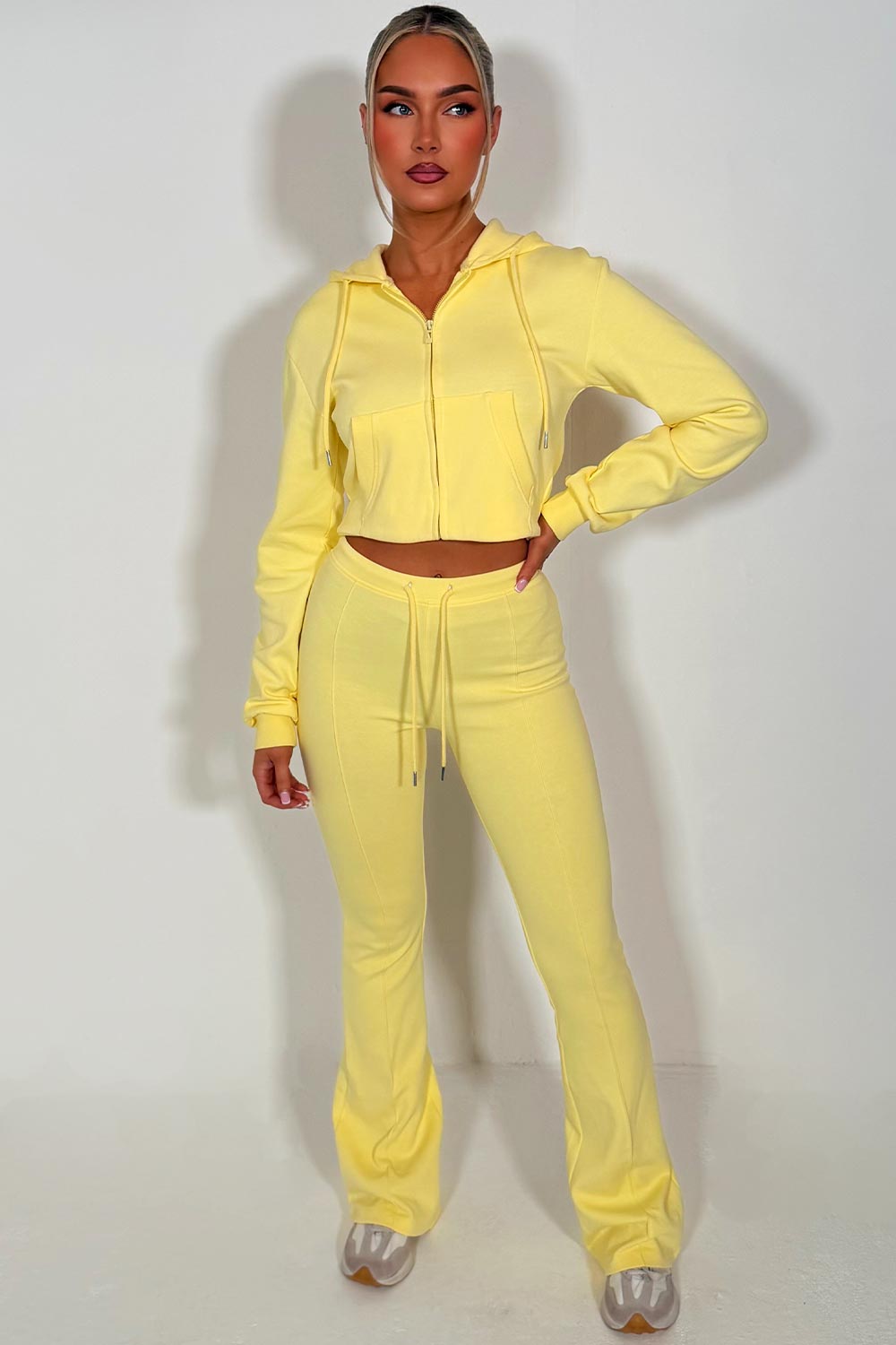 zara womens bell bottom trousers and crop sweatshirt with hood two piece loungewear set sale