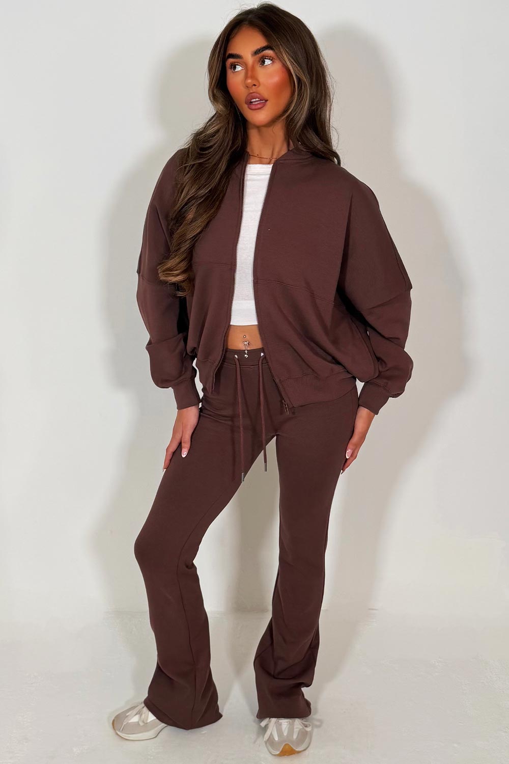 bomber sweatshirt and flare leg trouser tracksuit set brown 