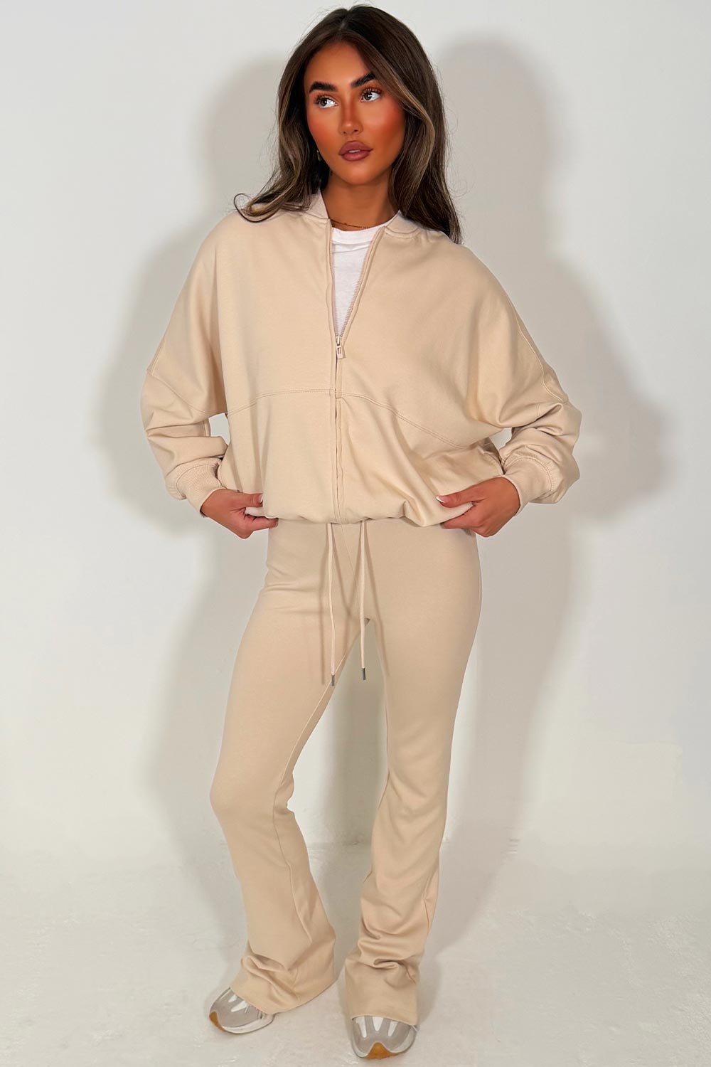 bomber sweatshirt and flare leg trouser tracksuit set oatmeal
