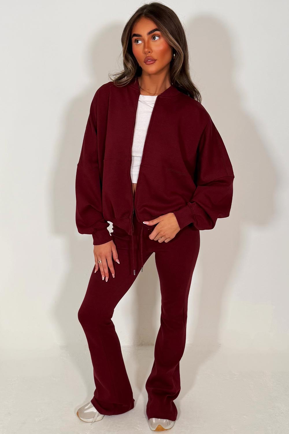 zara womens bell bottom trousers and bomber sweatshirt two piece loungewear set sale