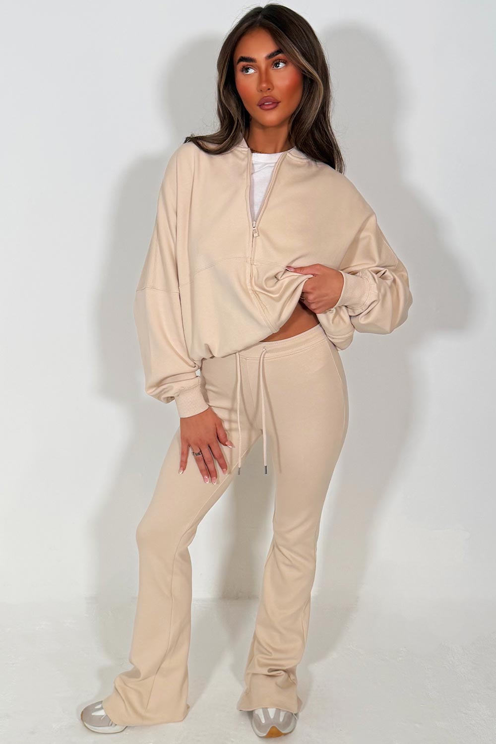 zara womens bell bottom trousers and bomber sweatshirt two piece loungewear set sale