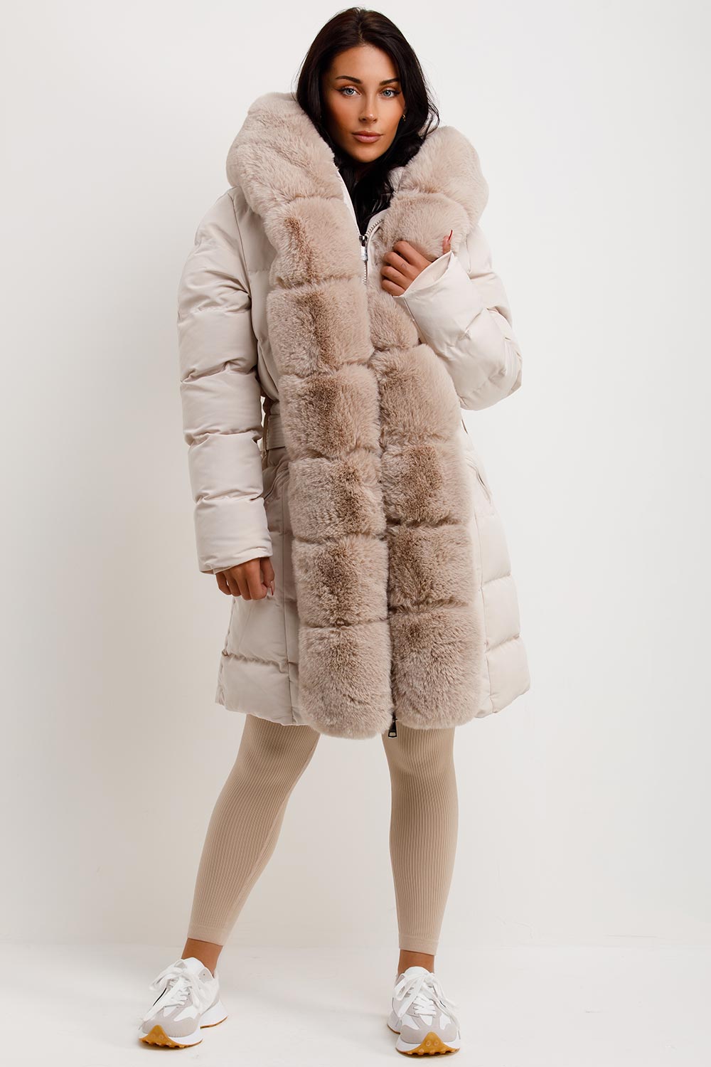 womens padded puffer longline hooded coat with luxury faux fur panels