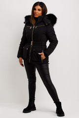 womens padded puffer coat with belt and faux fur hood