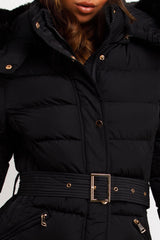 styledup faux fur hood padded puffer coat with belt