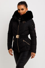 black puffer jacket with fur hood womens outerwear