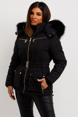 womens puffer padded belted coat with fur hood