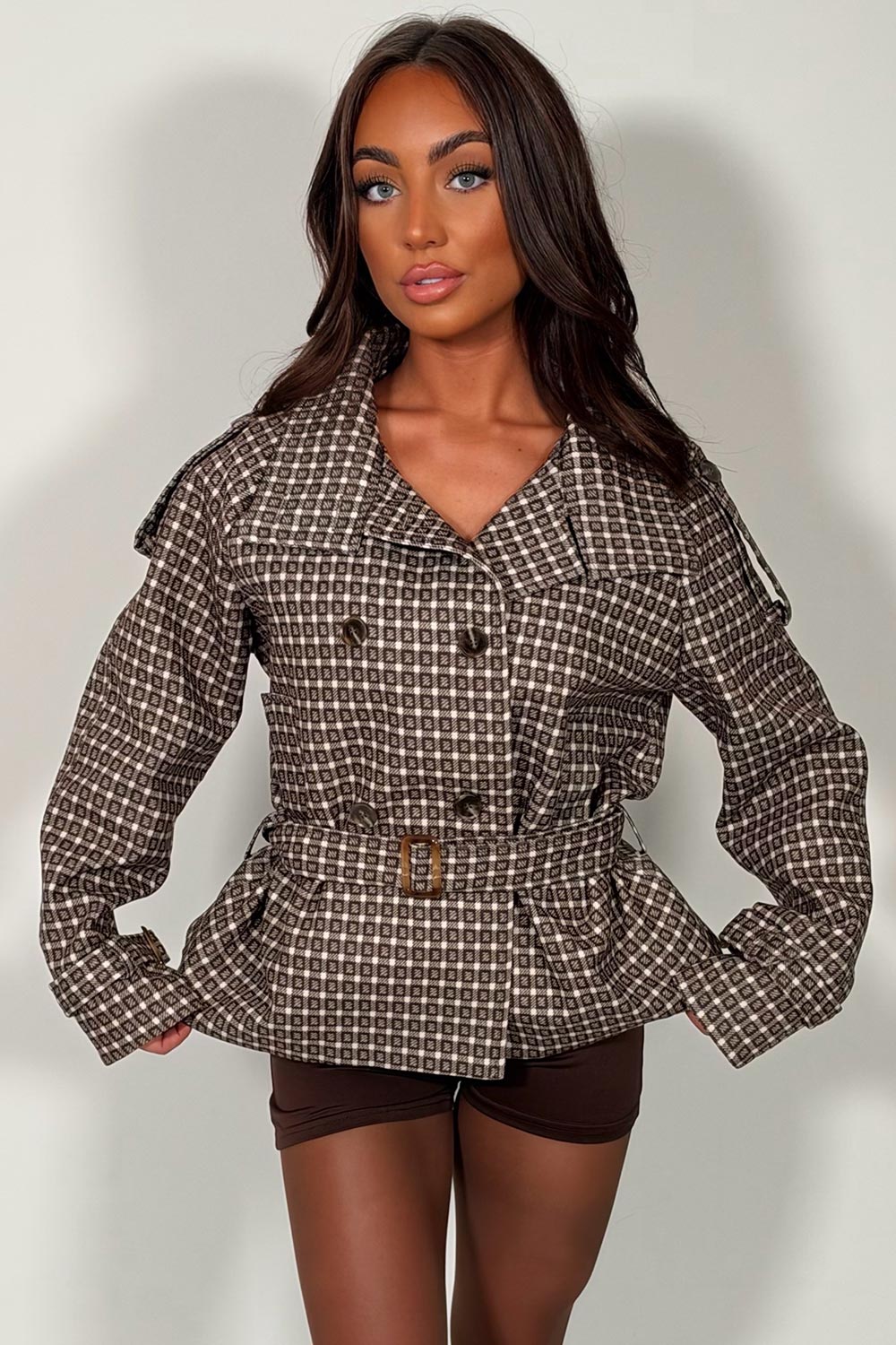 checkered cropped trench jacket for womens styledup uk