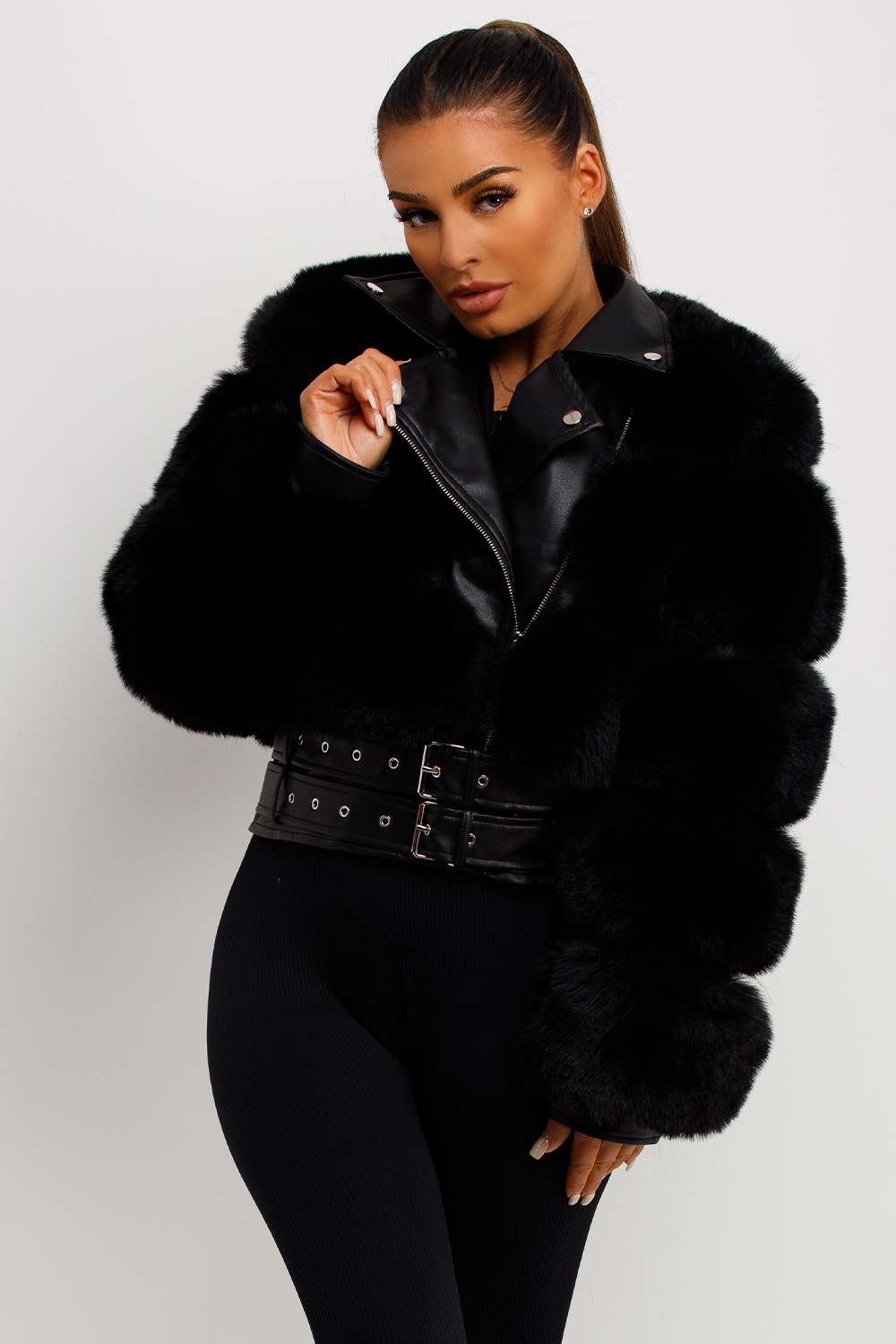 womens faux fur faux leather aviator jacket cropped sale