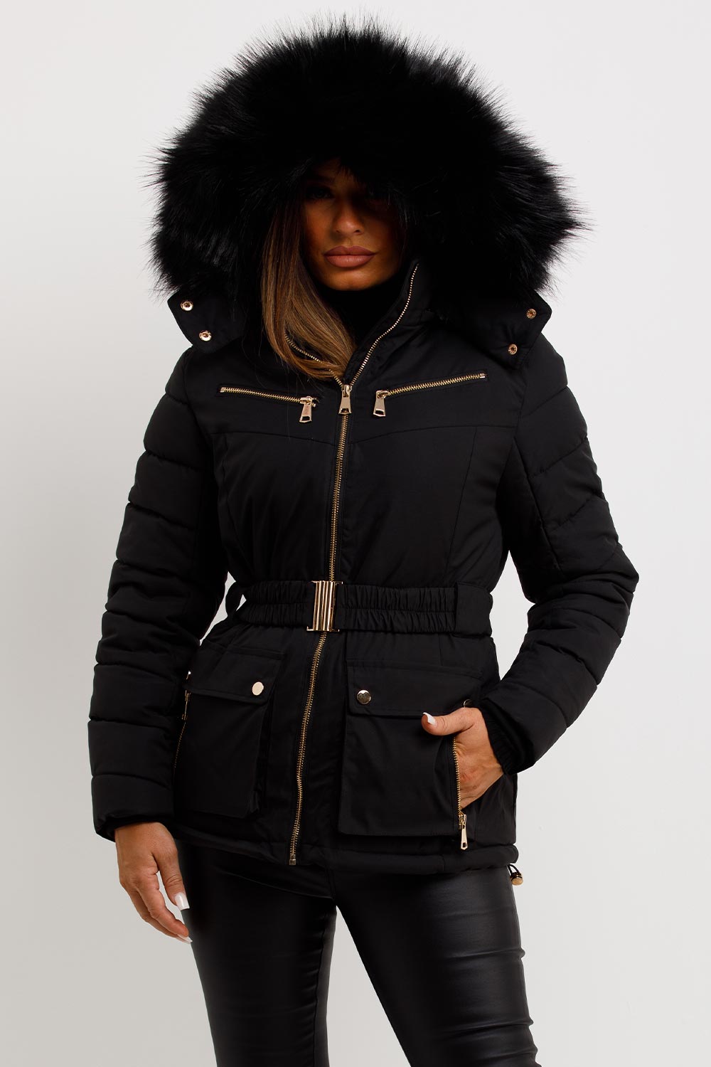 faux fur hood padded puffer coat with belt