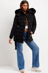 womens padded quilted puffer coat with fur hood and belt for winter styledup