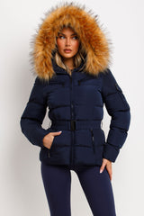 styled up puffer coat with fur hood womens