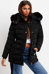 womens black faux fur hood winter coat with belt and fur hood