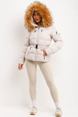 styled up puffer coat with fur hood womens