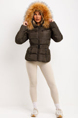 styled up puffer coat with fur hood womens