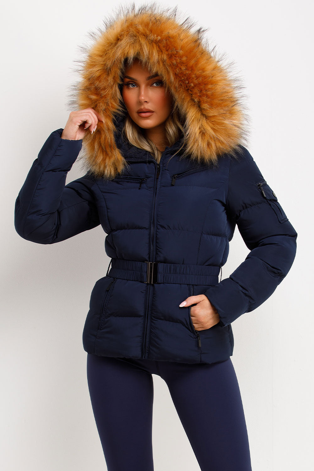 Womens Faux Fur Hooded Jacket With Belt Navy – - Main Image