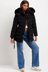 faux fur hood winter coat with belt