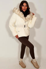 big faux fur hood puffer padded winter jacket with belt for womens 