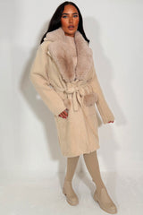 longline belted coat with fur collar and cuff styledup