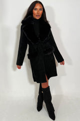 faux fur cuff faux fur collar long belted coat styledup 