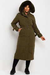 womens faux fur hood long padded puffer coat with belt winter outerwear