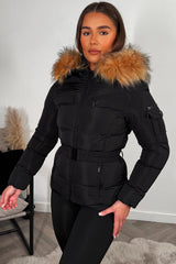 fur hood puffer jacket with belt womens styledup 