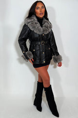 womens faux fur cuff collar faux leather winter jacket with belt styledup outerwear uk