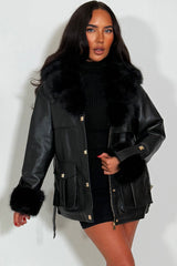 faux fur cuff faux fur collar winter jacket with belt styledup 