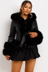 faux fur faux leather hooded coat with belt womens