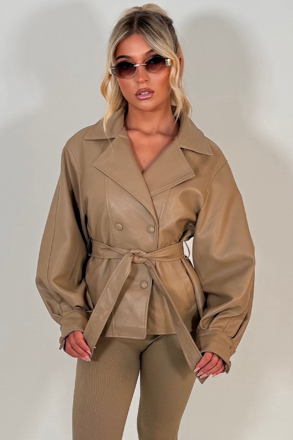 zara womens faux leather double breasted belted jacket beige styledup uk