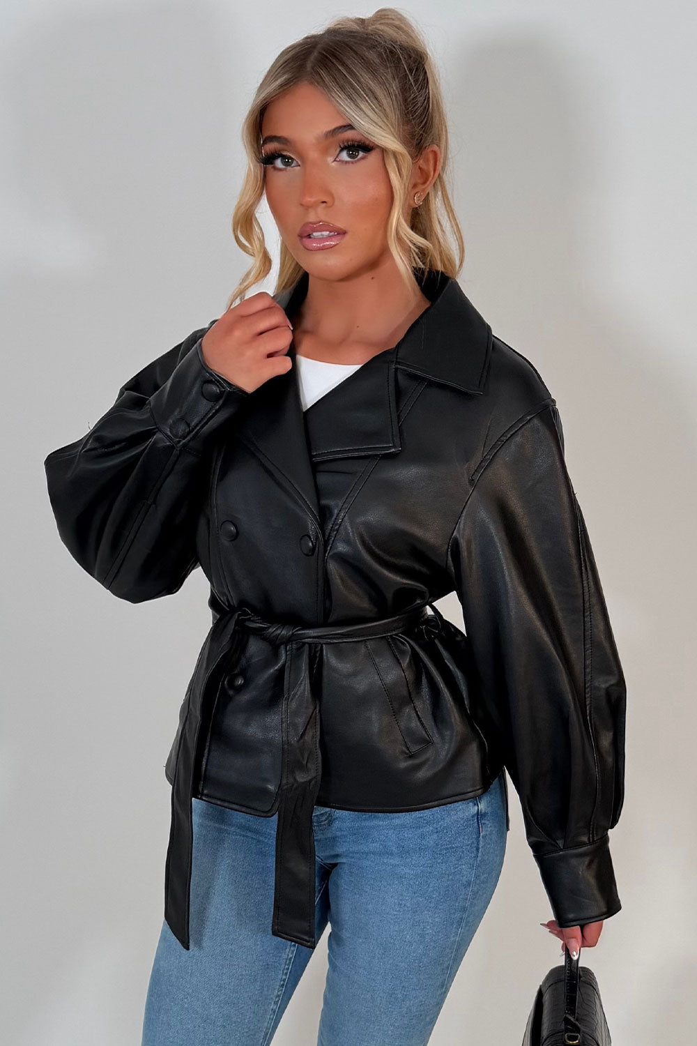 lapel collar faux leather winter jacket for womens with belt styledup uk