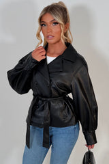 lapel collar faux leather winter jacket for womens with belt styledup uk